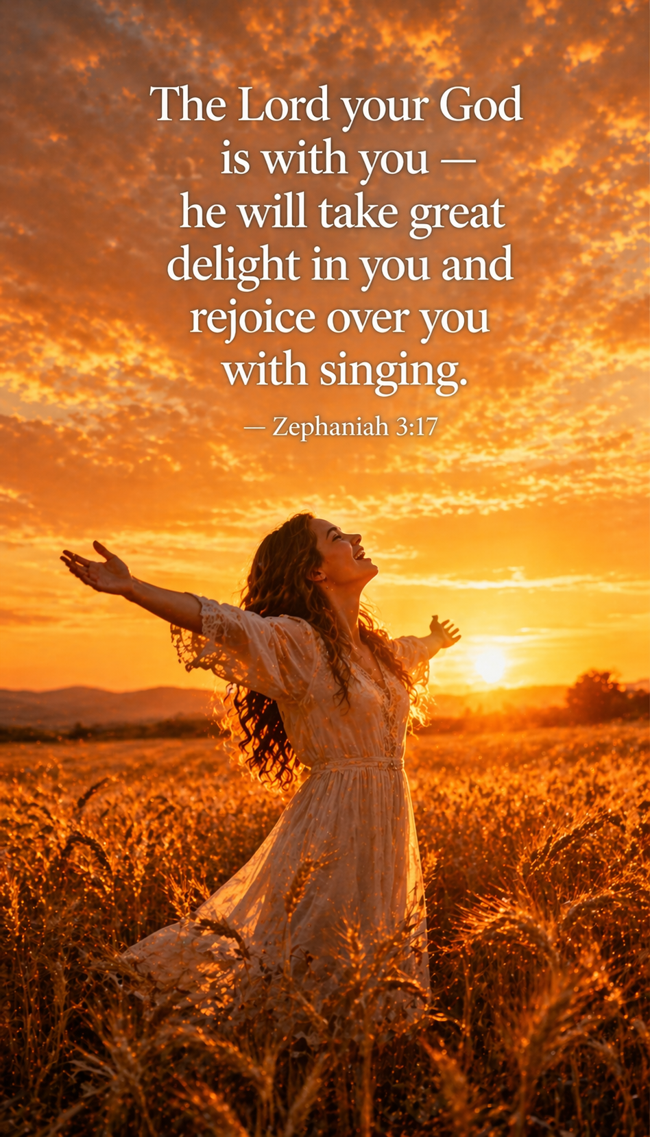 Woman dancing joyfully arms outstretched in golden wheat field at sunset rich orange gold sky -- Zephaniah 3:17 rejoice vertical wallpaper